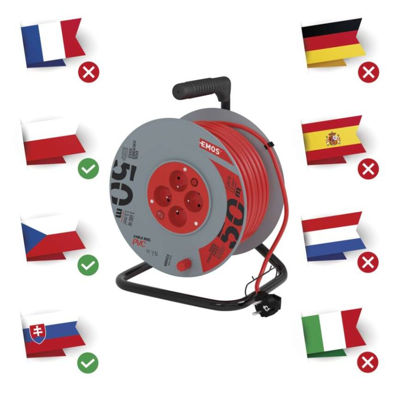 Predlžovací kábel na bubne 50 m / 4 zásuvky / s vypínačom / červený / PVC / 230V / 1,5 mm2 5