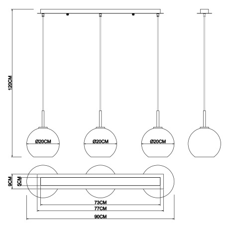 Závesné svietidlo, mosadz matná, priehľadné sklo, čierny PVC kábel, DxŠxV:900x200x1200, bez žiarovie 16