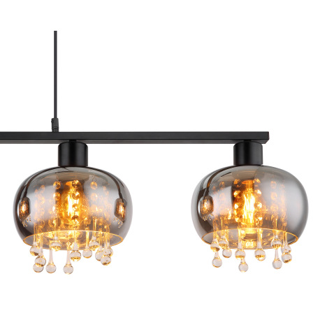 Závesné svietidlo, kov čierny matný, sklo dymové, sklenené krištále priehľadné, textilný kábel čiern 12