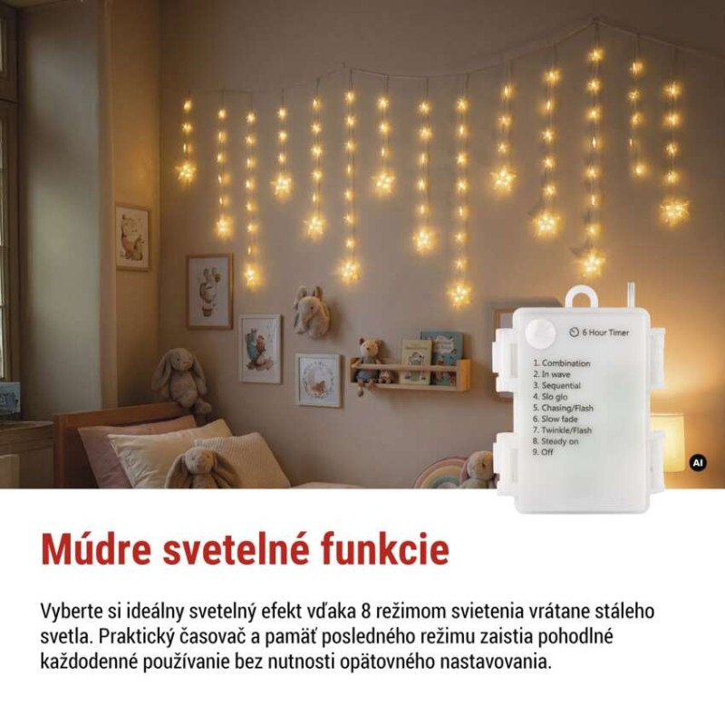Vianočná LED girlanda – hviezdy, 1,7 m, 3x AA, do interiéru, teplá biela, časovač 5