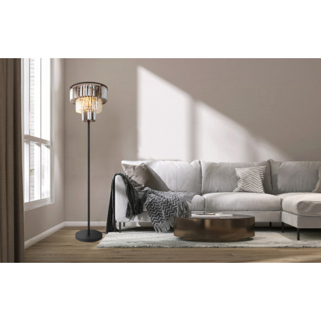 Stojanové svietidlo, kov čierny matný, sklenené krištále dymové, číre, kábel PVC čierny, vyínač na k 15