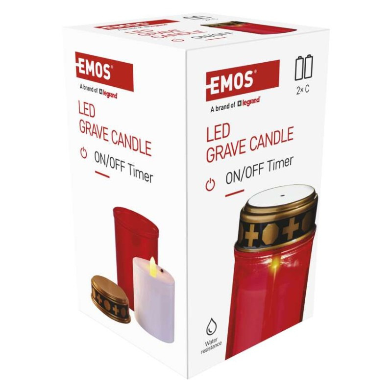 LED náhrobná sviečka červená, 2x C, vonkajšia aj vnútorná, teplá biela, časovač 9
