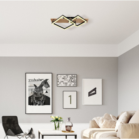 Stropné svietidlo, kov čierny matný, MDF so vzhľadom dreva, plast čierny matný, plast biely, DxŠxV: 1