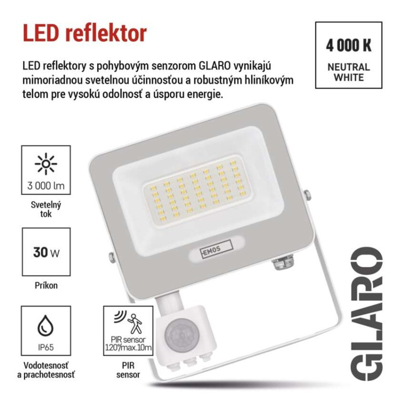 LED reflektor GLARO s pohybovým čidlom, 30 W, biely, IP54, 3000 lm, neutrálna biela 6