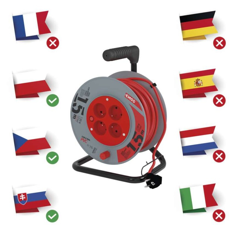 Predlžovací kábel na bubne 15 m / 4 zásuvky / červený / PVC / 230 V / 1 mm2 4