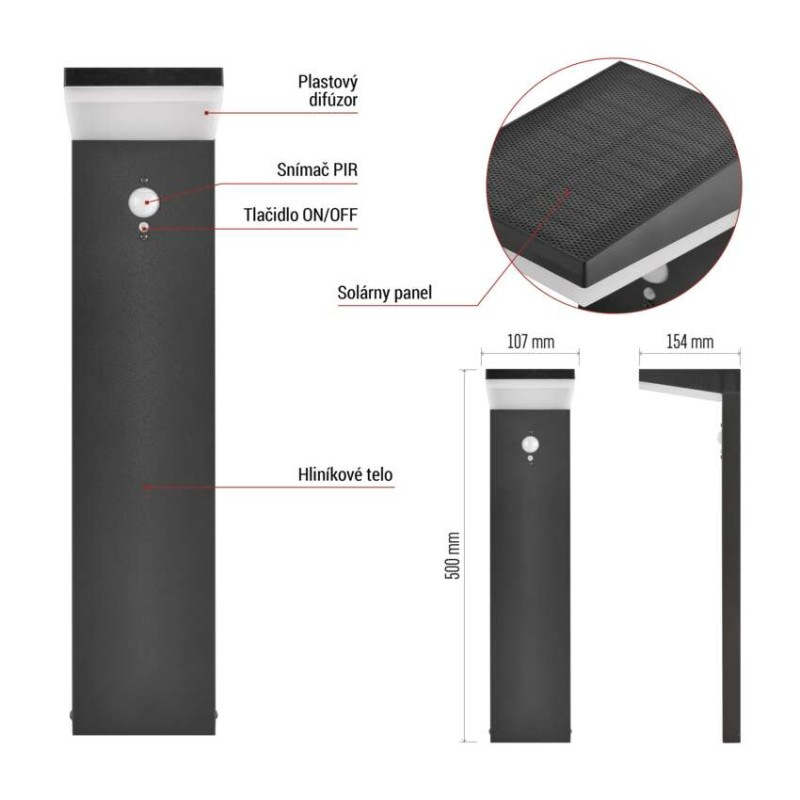 LED záhradné solárne stĺpikové svietidlo VEREA, senzor súmraku, 10,7 x 15,4 x 50 cm 5