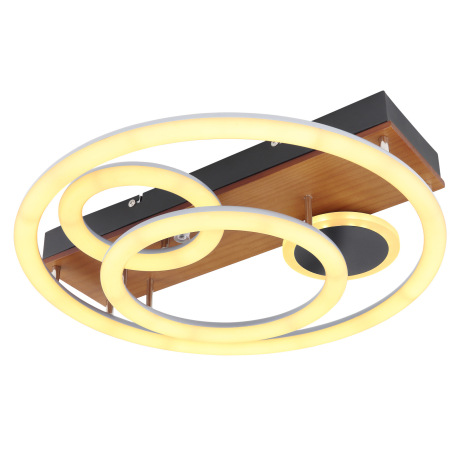 Stropné svietidlo, kov čierny, drevo hnedé, plast opál, stmievateľné, viackrokové ovládanie cez nást 6