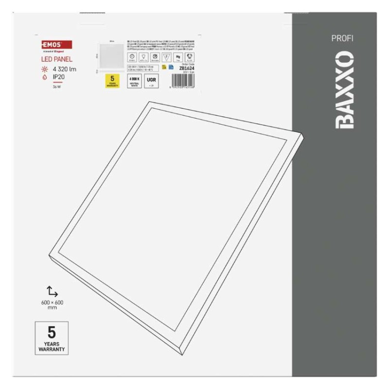 LED panel BAXXO 60×60, štvorcový prisadený biely, 36W neutr. biela 9