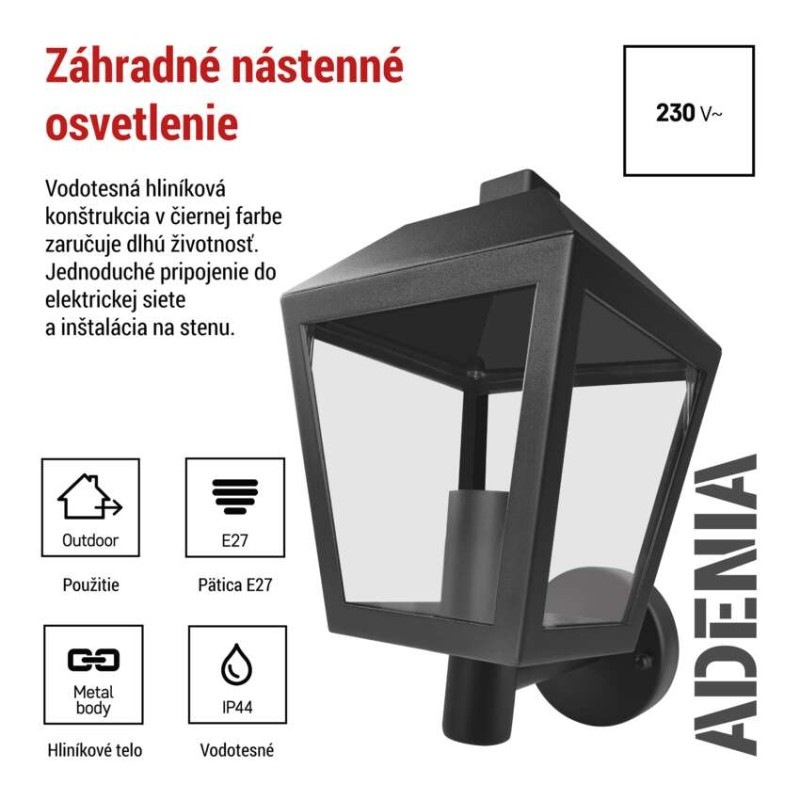 Záhradné nástenné svietidlo ADENIA, 19,8 x 15 x 27,8 cm, 1 x E27, 15 W 2