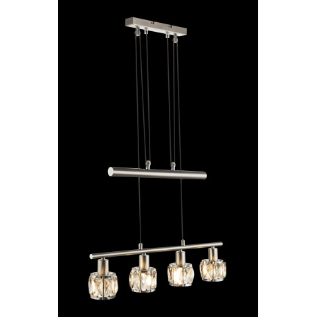 Závesné svietidlo, kov nikel matný, chróm, sklenený kryštál priehľadný, výškovo nastaviteľné, DxŠxV: 14