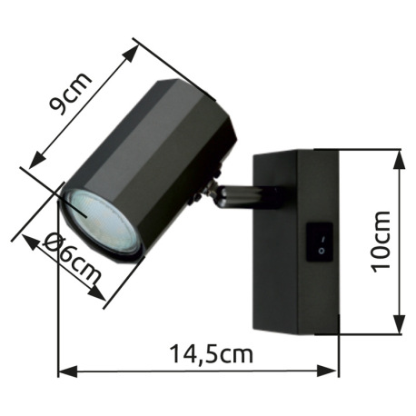 Nástenné svietidlo, kov sivý matný, hliník sivý matný, kolískový vypínač, ŠxV: 70x140mm, H: 145mm, b 14