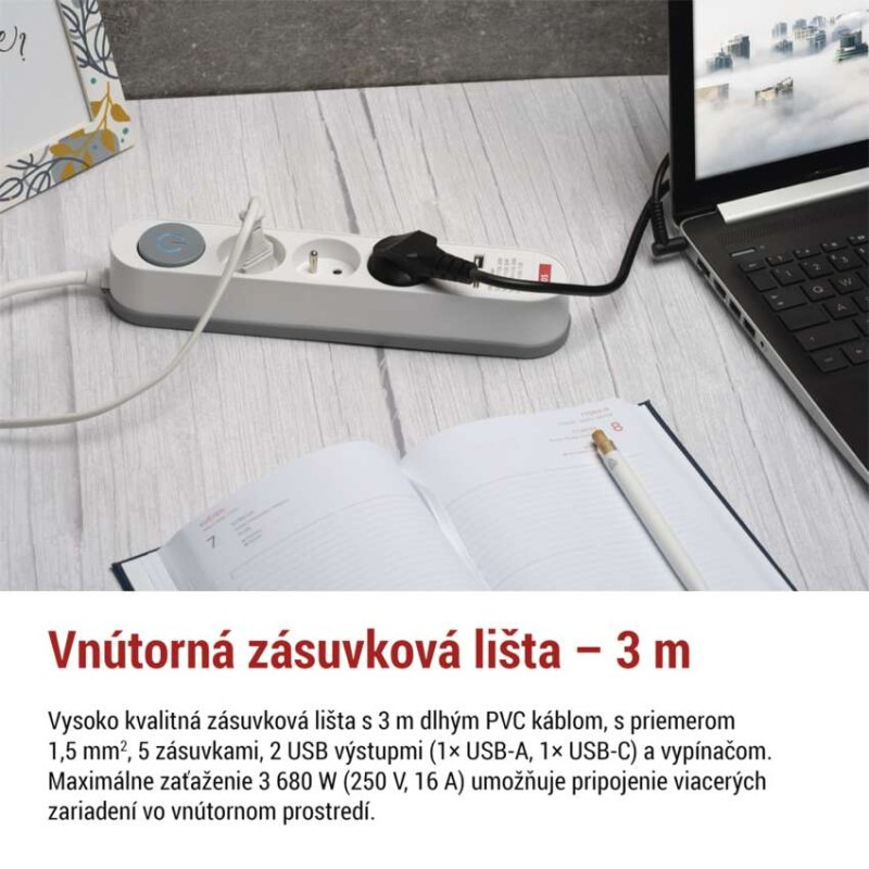 Predlžovací kábel 3 m / 5 zásuvky / s vypínačom / bielo-sivý / 1×USB-A + 1×USB-C / 1,5 mm2 2