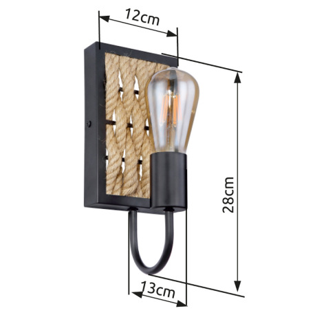 Nástenné svietidlo, kov čierny matný, konopné lano, ŠxV:120x280, H:130, bez žiarovky 1xE27, max. 60W 14