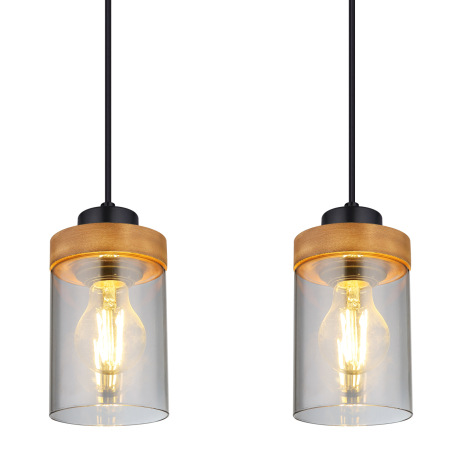 Závesné svietidlo, kov čierny, drevo, dymové sklo, DxŠxV:820x100x1500mm, bez žiaroviek 4x E27, max. 9