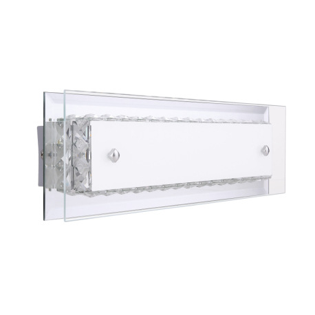 Nástenné svietidlo, kov strieborný, chróm, sklo opál, K9 krištále priehľadné, zrkadlo, ŠxV:400x120, 2
