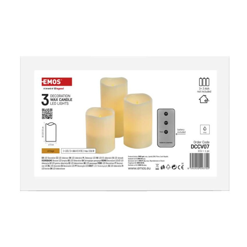 LED dekorácia – 3x vosková sviečka, 3x 3x AAA, vnútorná, vintage, ovládač 4