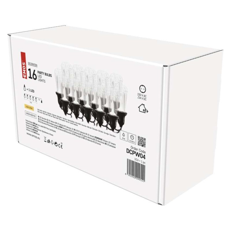 LED svetelná reťaz – 16x párty žiarovky číre, 7,6 m, vonkajšia aj vnútorná, teplá biela