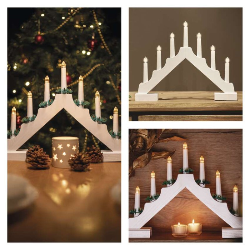 LED svietnik drevený biely, 29 cm, 2x AA, vnútorný, teplá biela, časovač 7