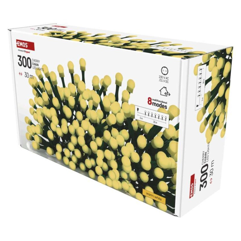 LED vianočná cherry reťaz – guličky, 30 m,vonk. aj vnútor.,teplá biela, programy, časovač 3