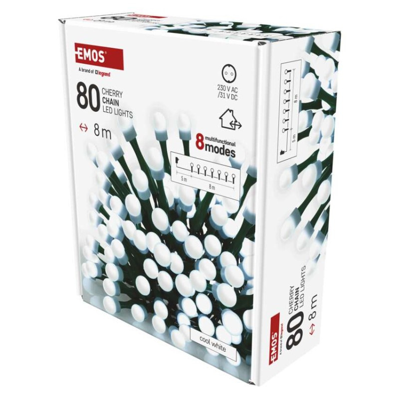LED vianočná cherry reťaz – guličky, 8 m, vonkajšia aj vnútorná,st. biela,programy,časovač 3