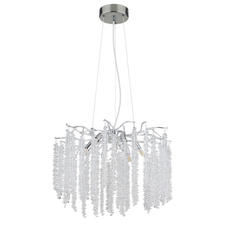 Závesné svietidlo, kov chróm, pochrómovaný hliník, číre plastové krištále, priehľadný PVC kábel, výš 12