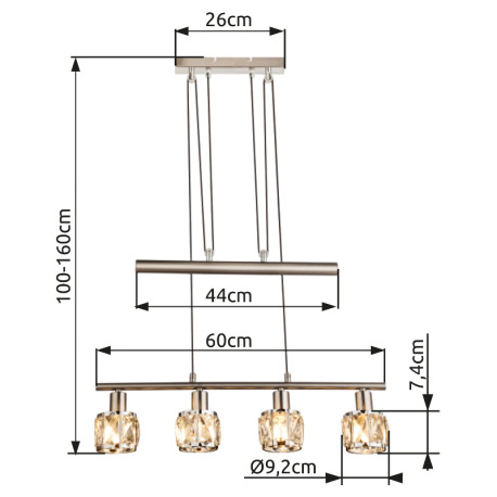 Závesné svietidlo, kov nikel matný, chróm, sklenený kryštál priehľadný, výškovo nastaviteľné, DxŠxV: 16
