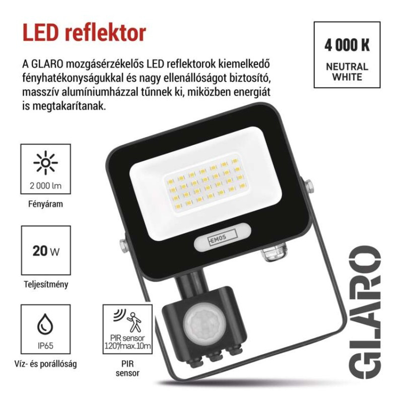 LED reflektor GLARO s pohybovým čidlom, 20 W, čierny, IP54, 2000 lm, neutrálna biela 9