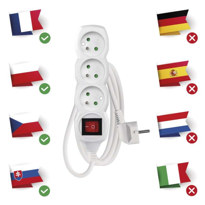 Predlžovací kábel 1,5 m / 3 zásuvky / s vypínačom / biely / PVC / 1 mm2 1