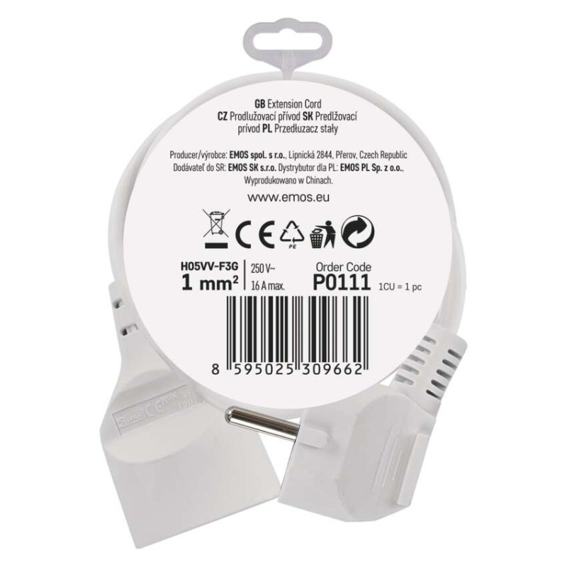 Predlžovací kábel 1,5 m / 1 zásuvka / biely / PVC / 1 mm2 5
