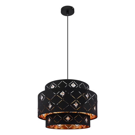 Závesné svietidlo, kov čierny, textil čierny, akrylové krištále priehľadné, tienidlo z vnútra zlaté, 2