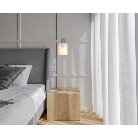 Závesné svietidlo, kov sivý tmavý, satinované sklo, čierny textilný kábel, možnosť skrátenia výšky, 5