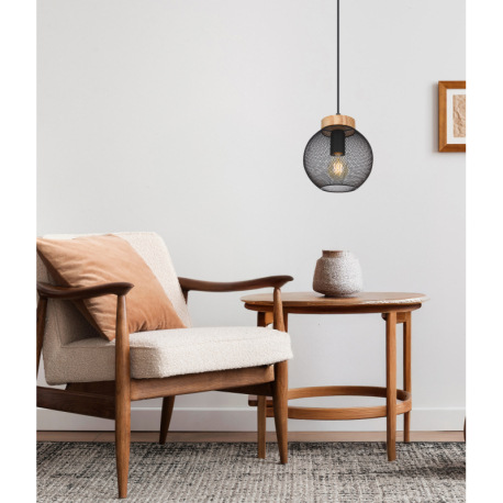 Závesné svietidlo, kov čierny, drevo, Ø200, V:1200, bez žiarovky 1xE27, max. 60W 230V 12