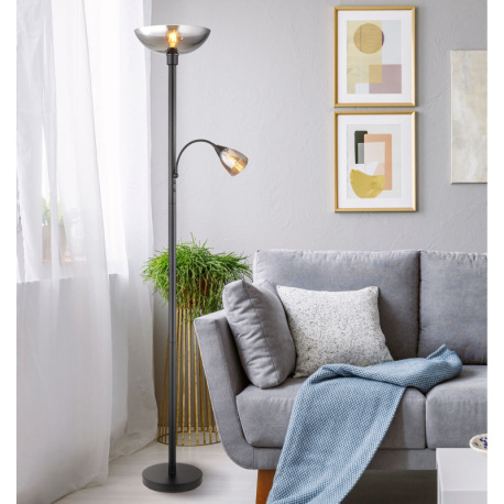 Stojanové svietidlo, kov čierny matný, sklo dymovej farby, flexo, 2 vypínače, ø:300 mm, V:1780 mm, d 11