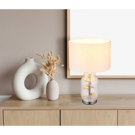 Stolové svietidlo, kov chróm, sklo priehľadné, biely textil, biely plast, priehľadný PVC kábel, kolí 1