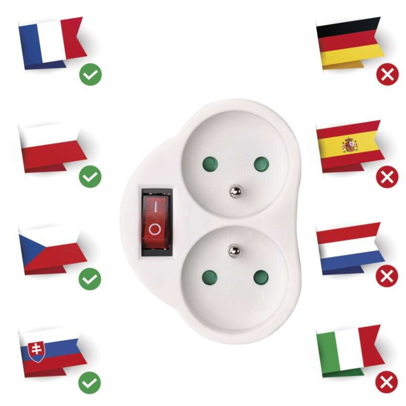 Rozbočovacia zásuvka 2× guľatá s vypínačom, biela 1