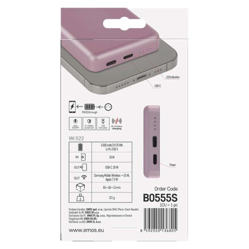 Power bank EMOS WI 522, 5 000 mAh, 20 W+Wireless, lososová 13