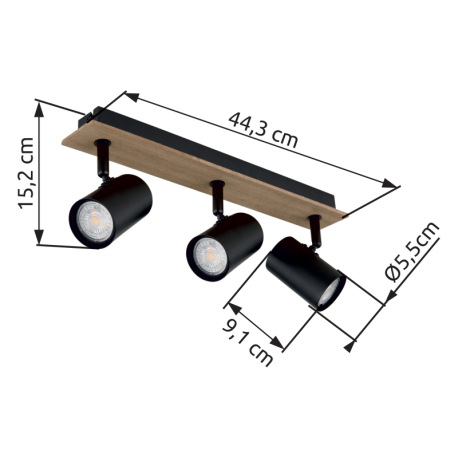 Stropné svietidlo, kov čierny matný, MDF imitácia dreva, DxŠxV: 410x60x152mm, bez žiaroviek 3xGU10, 6