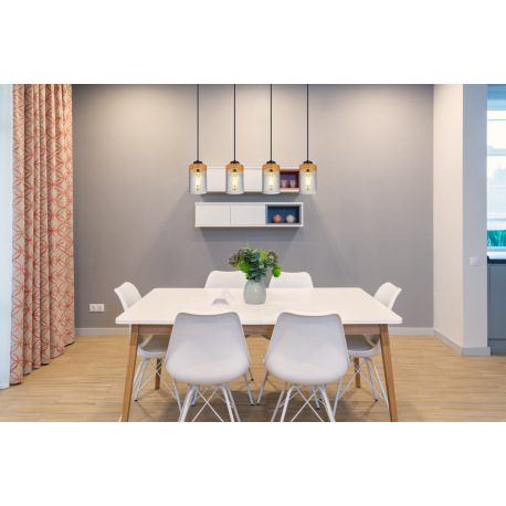 Závesné svietidlo, kov čierny, drevo, dymové sklo, DxŠxV:820x100x1500mm, bez žiaroviek 4x E27, max. 1