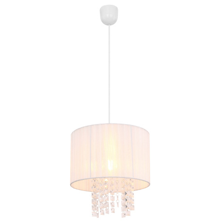 Závesné svietidlo, plast biely, textil biely, akrylové krištále priehľadné, Ø300, V:1200, bez žiarov