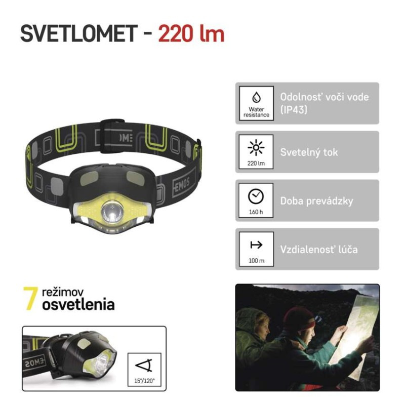 COB LED + LED čelovka P3536, 220 lm, 100 m, 3× AAA 1