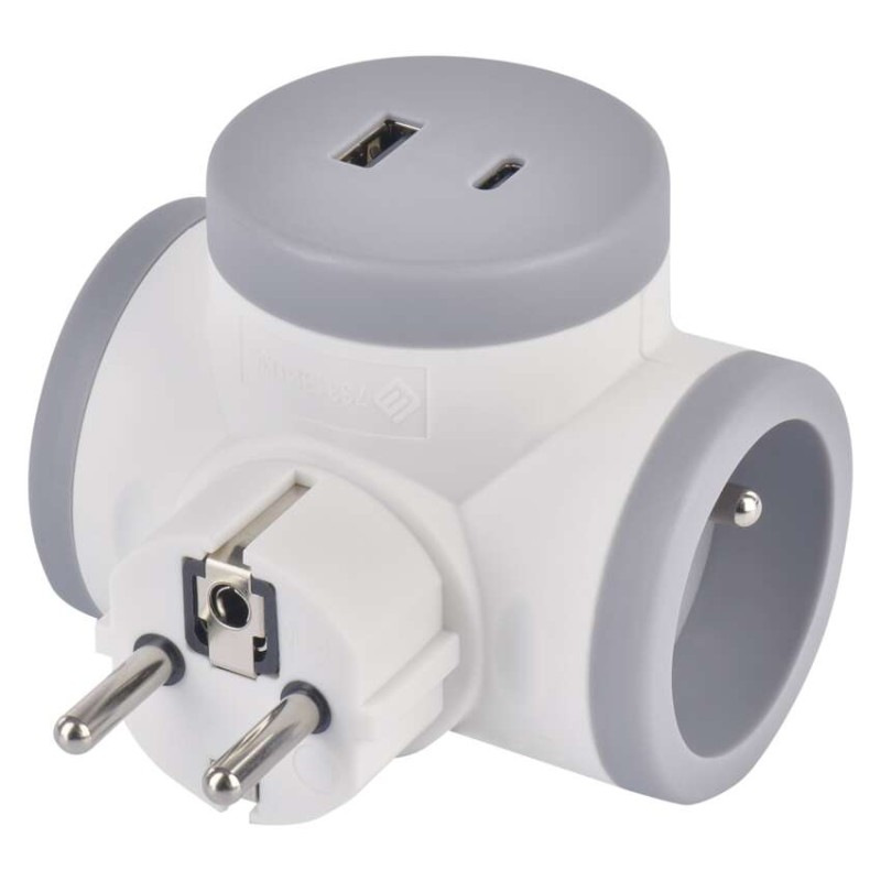 Rozbočovacia zásuvka 2×, 1×USB-A+1×USB-C, bielo-sivá