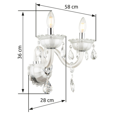Nástenné svietidlo, biele, sklo, K5 kryštály, ŠxV:580x360, H:280, bez žiaroviek 2xE14, max. 40W 230V 3