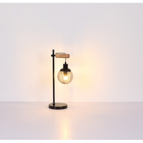 Stolová lampa, kov čierny matný, drevo prírodnej farby, sklo dymové, plastové krištále priehľadné, k 13
