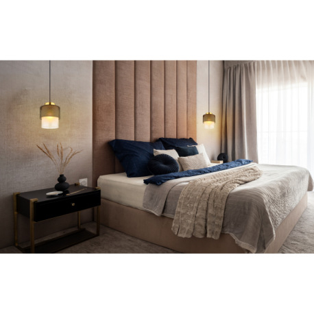 Závesné svietidlo, kov čierny, sklo satinované, priehľadné, kov mosadznej farby, textilný kábel čier 10