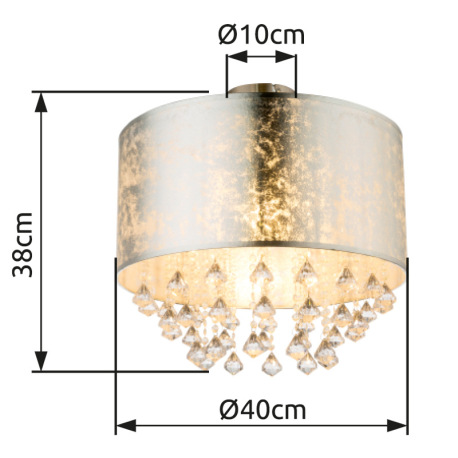 Stropné svietidlo, kov nikel matný, textil strieborný, akrylové krištále priehľadné, Ø400, V:380, be 8