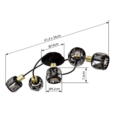 Stropné svietidlo, kov čierny, kov zlatý, sklenené krištále dymové, DxŠxV:615x360x210mm, bez 5x E14, 11