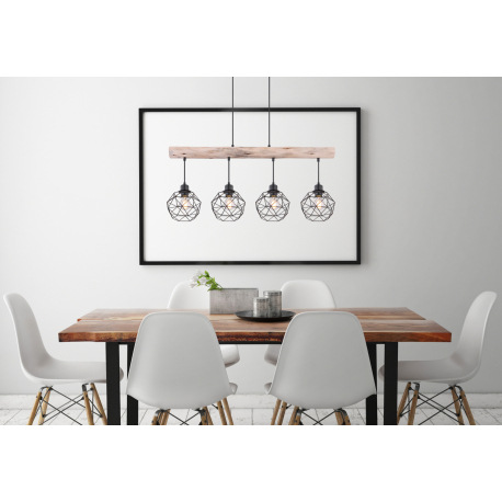 Závesné svietidlo, kov čierny matný, prírodné drevo, tienidlo - kovová mriežka, DxŠxV: 850x180x1200, 11