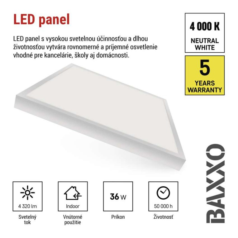 LED panel BAXXO 60×60, štvorcový prisadený biely, 36W neutr. biela 4
