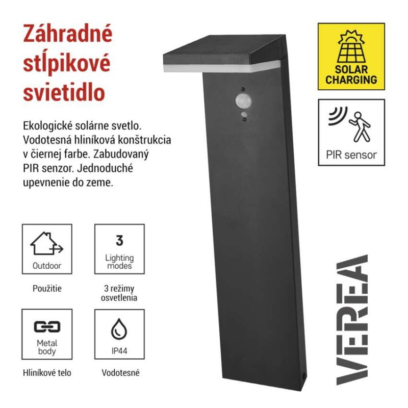 LED záhradné solárne stĺpikové svietidlo VEREA, senzor súmraku, 10,7 x 15,4 x 50 cm 2