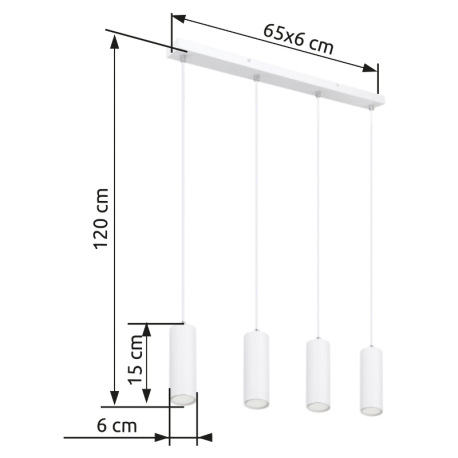 Závesné svietidlo, kov biely, PVC kábel biely, DxŠxV: 650x60x1200mm, bez žiaroviek 4x GU10, max. 35W 12